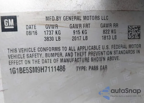 2017 Chevrolet Cruze Lt Auto from USA, damaged, VIN 1G1BE5SM9H7111486